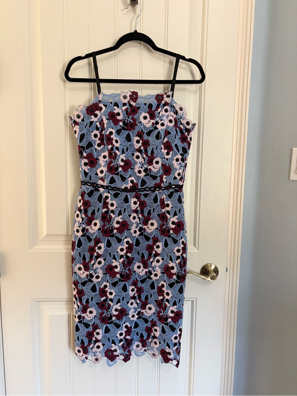 Adelyn Rae Blue Floral Lace Midi Dress with Burgundy Accents